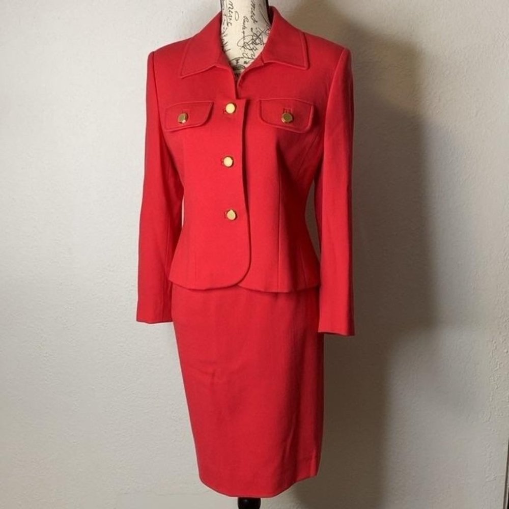 Albert Nipon Set Skirt & Suit Coral Red Gold Buttons Lined Size 8P 100% Wool